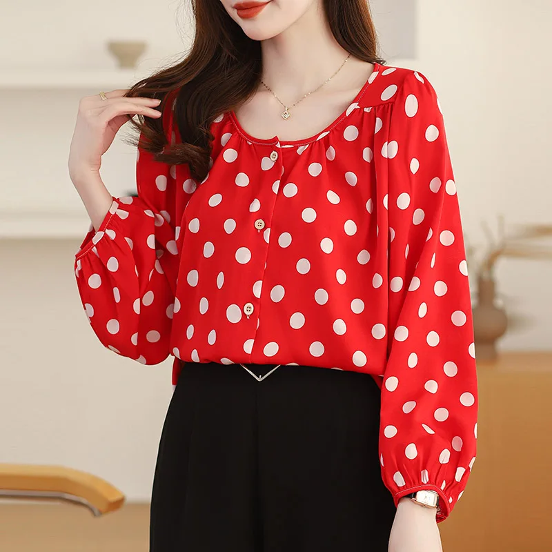 Women Clothing French Polka Dot Chiffon Shirt Spring Summer Loose Single Breasted Vintage O-neck Blouses Fashion Elegant Top