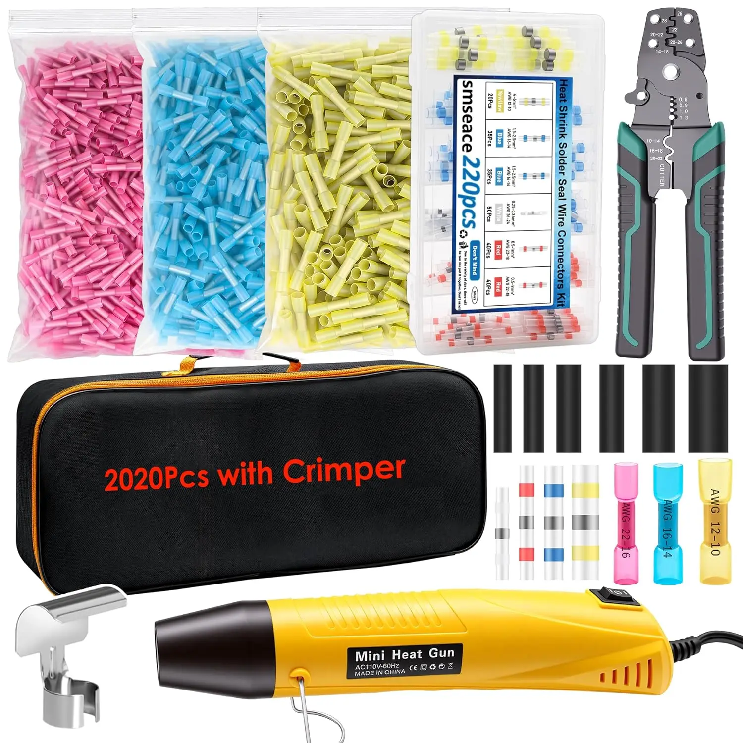 

2020Pcs Heat Shrink Butt Connector Kit, Solder Seal Wire Connectors with Heat Gun & Crimping Tool, Waterproof 22-10AWG for