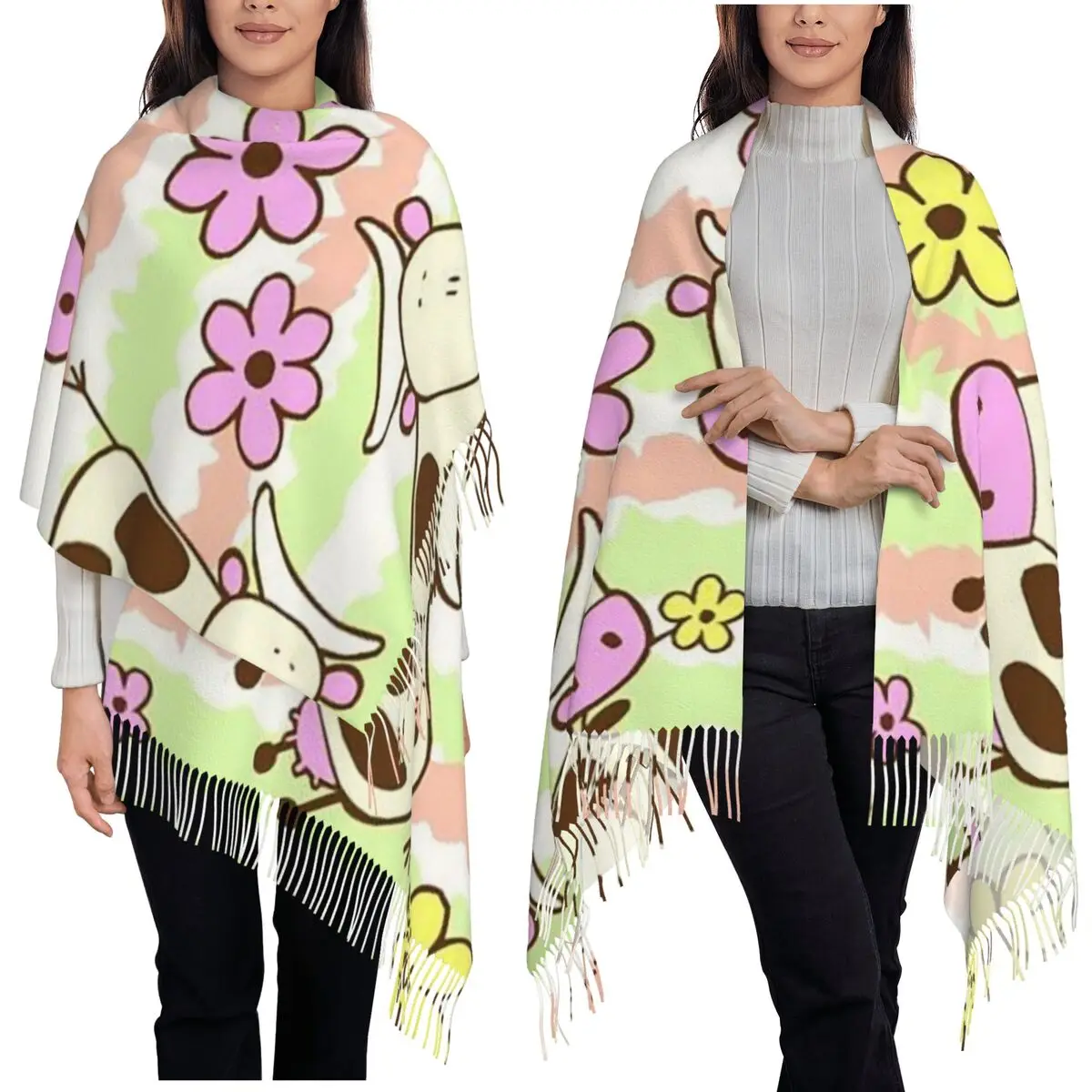 Funny Cartoon Cow Pattern Scarf Tassel Scarves for Women Soft Warm Shawls and Wraps Large Fall Winter Shawl Wrap