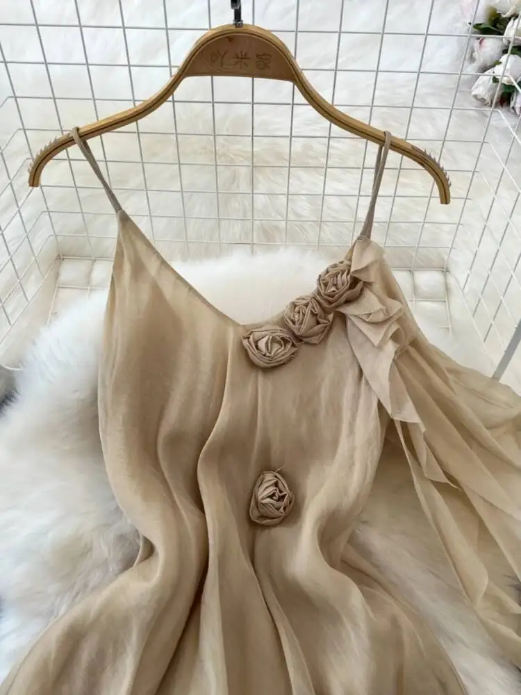 Letnia francuska sukienka plażowa damska elegancka z kwiatami 3D seksowna sukienka z dekoltem w serek długa sukienka damska dopasowana w kształcie litery A długa suknia na imprezę Vestidos