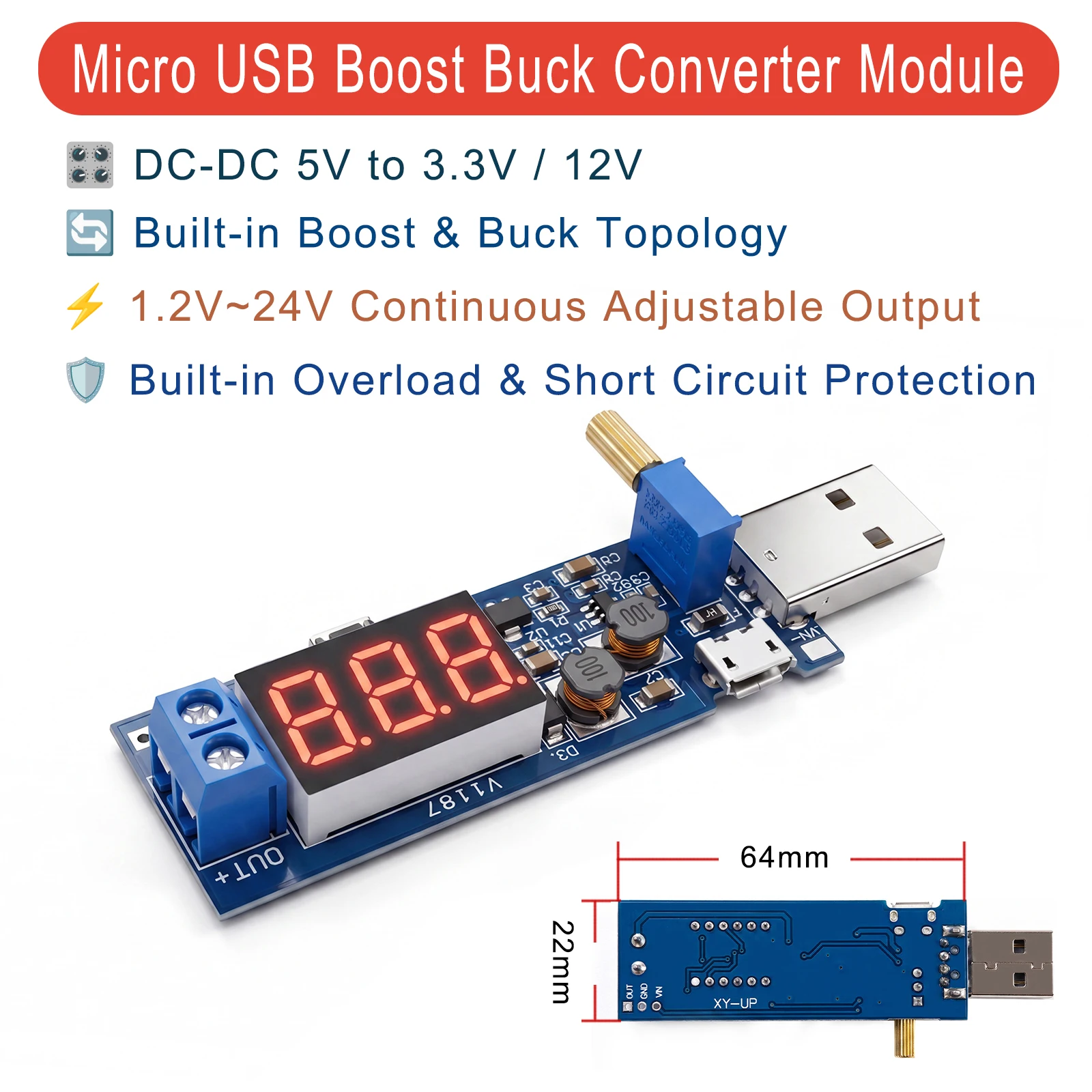 USB DC-DC Boost Buck Converter Module 5V Input 1.2V-24V Adjustable Power Supply with Digital Display for DIY Lab Micro USB