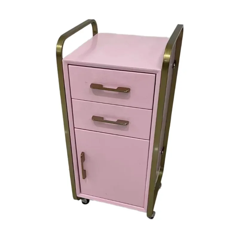 Modern Luxury Pink Wood Hairdressing Trolley with Stainless Steel Tools Spa Beauty Salon Furniture Storage Drawers Home Workshop