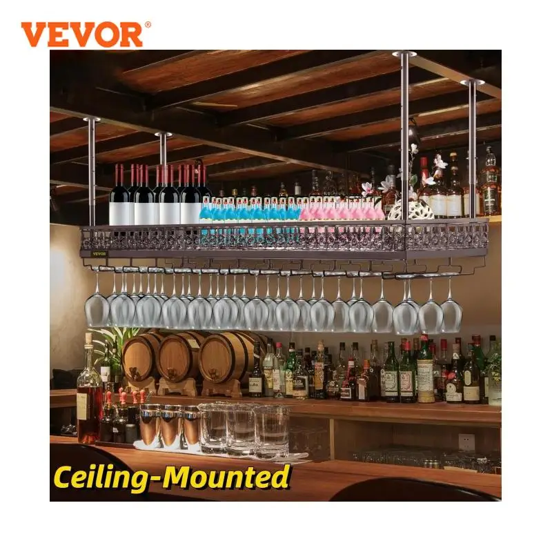 VEVOR 금속 와인 잔 선반, 거꾸로 천장 걸이식 잔, 컵 홀더 행거, 보관 홈 바, 펍 와인 선반