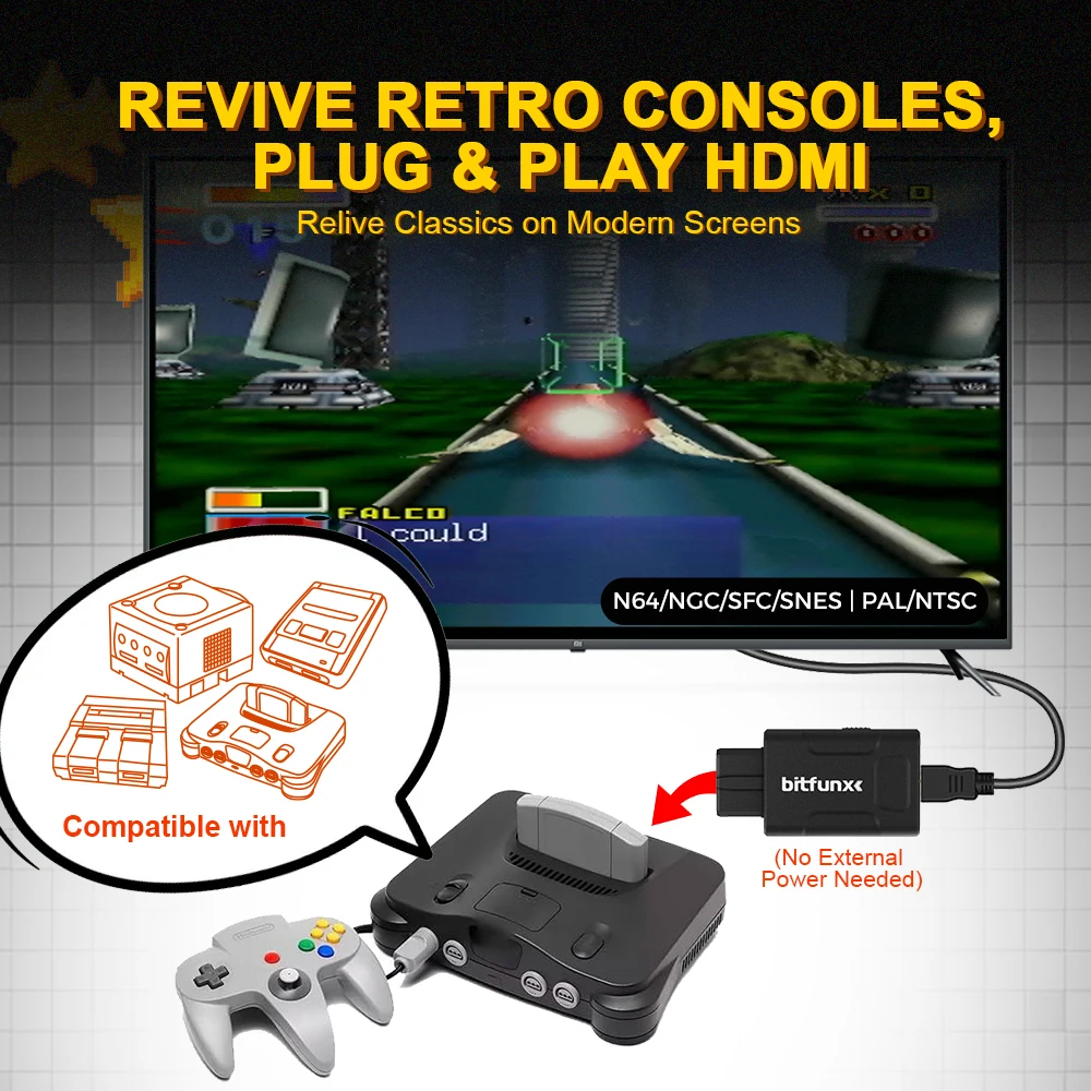 Bitfunx Mini 720P 1080P Adaptador HDMI 4:3/16:9 Auto S-Video Composto Para Consoles de Jogos N64 SNES SFC NGC