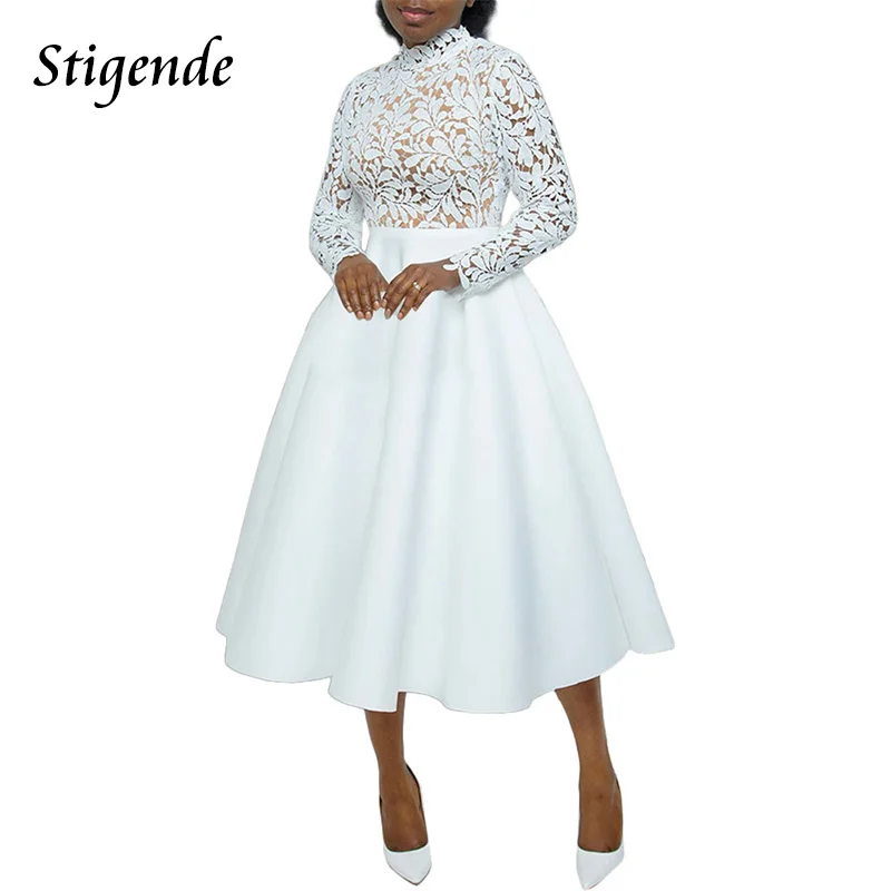 Stigende Fit and Flare Floral Lace Dress Women Long Sleeve Back Zipper a Line Dress