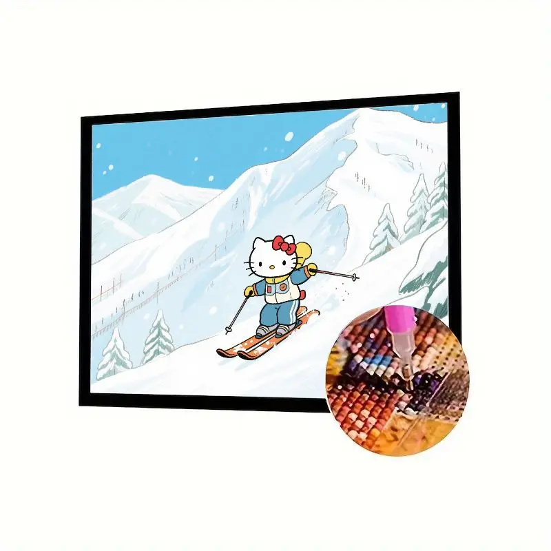

1 шт., набор для алмазной живописи Hello Kitty Skiing 5D - милая мультяшная зимняя сцена, полная дрель, вышивка стразами, сделай сам, драгоценный камень, искусство для дома
