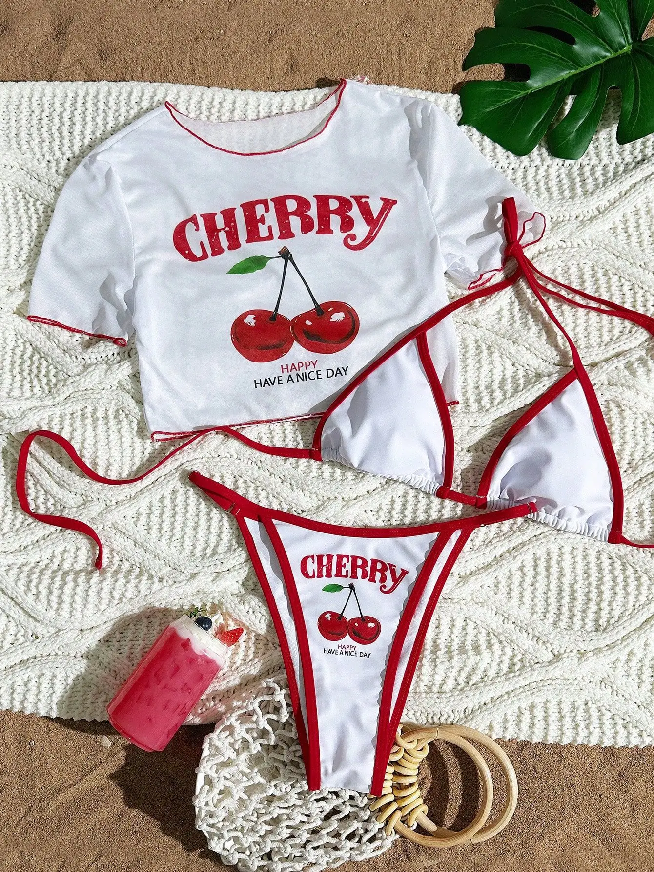 Women's  Three piece Bikini Set With Cherry Print Lace Up Wire Free Swimsuit For Women Holiday Beach Style