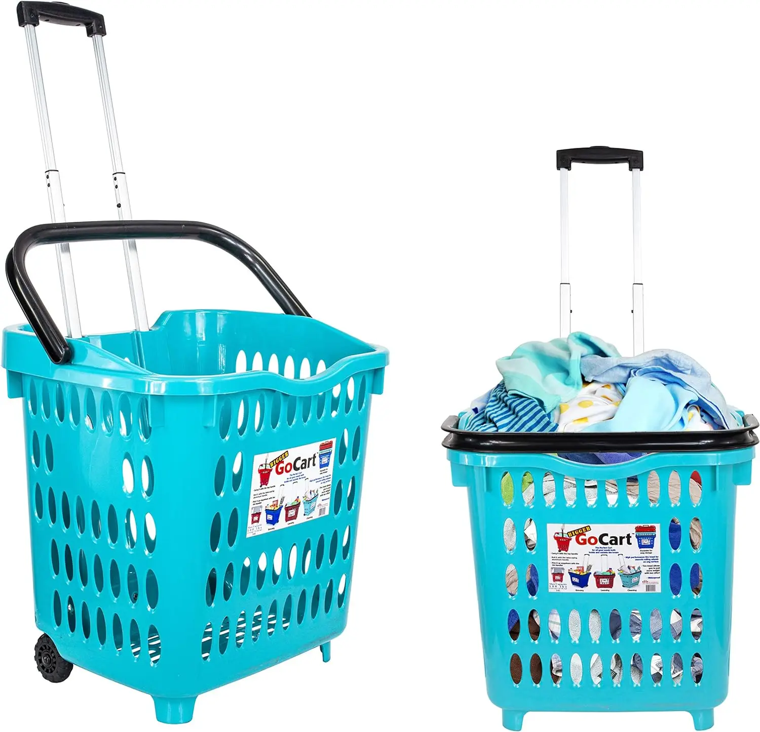 

dbest products Bigger GoCart Grocery Cart Rolling Shopping Laundry Basket on Wheels Hamper with Telescopic Handle Cleaning