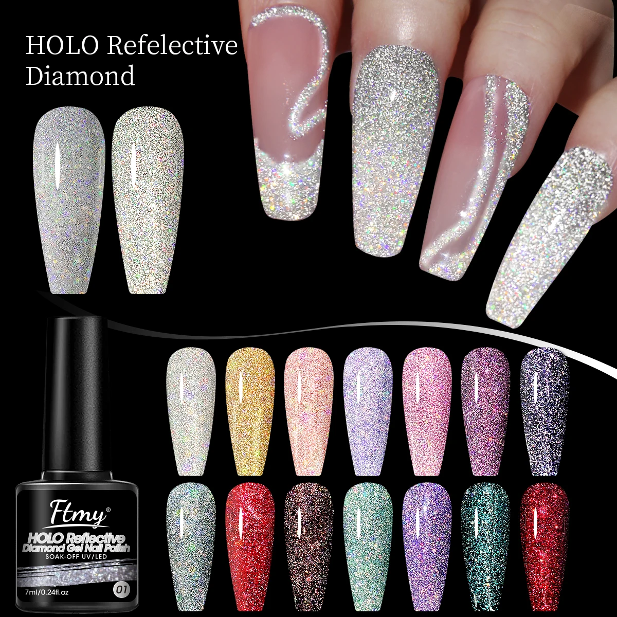 7ML FTMY Lakier Hybrydowy do Paznokci Efekt Złamanej Diamentowej Skorupy, Lakier Hybrydowy z Efektem Odblaskowego Brokatu, Błyszczący Lakier Hybrydowy z Brokatem, Lakier Hybrydowy Semi-Permanentny, Lakier Hybrydowy do Usuwania Soak Off