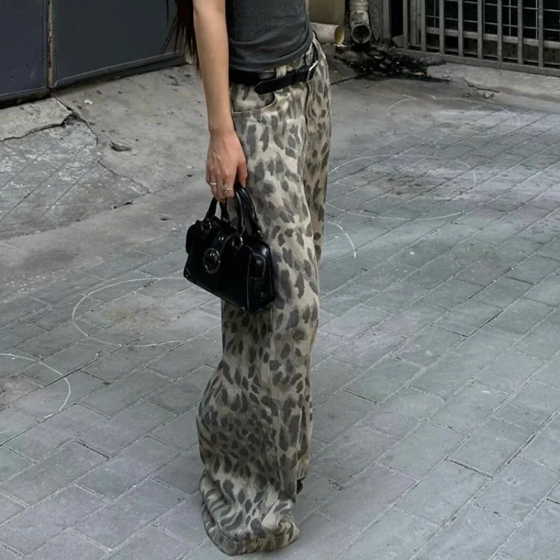 Deeptown Y2k Washed Leopard  Jeans Women Animal Print American Vintage Wide Leg Denim Pants Baggy Streetwear Gyaru Trousers