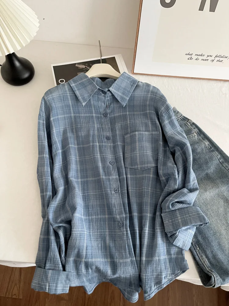 Hong Kong Style Long Sleeve  Collar Plaid Shirt Loose Thin Shoulder Drop Shoulder Midi Length Women's Casual Fashion Shirt