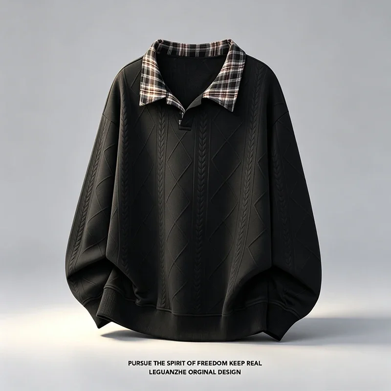 Mens Plaid Collar Sweatshirt Long Sleeve Diamond Jacquard Pullover Loose Fit Soft Fabric Casual Autumn Top