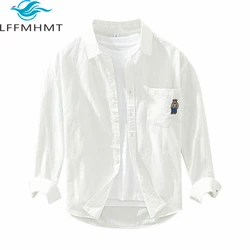 2419 Chic Pocket Bear Embroidery Men's Classic White Shirt Men's Spring Fashion Premium 100% Cotton Solid Color Simple Basic Top