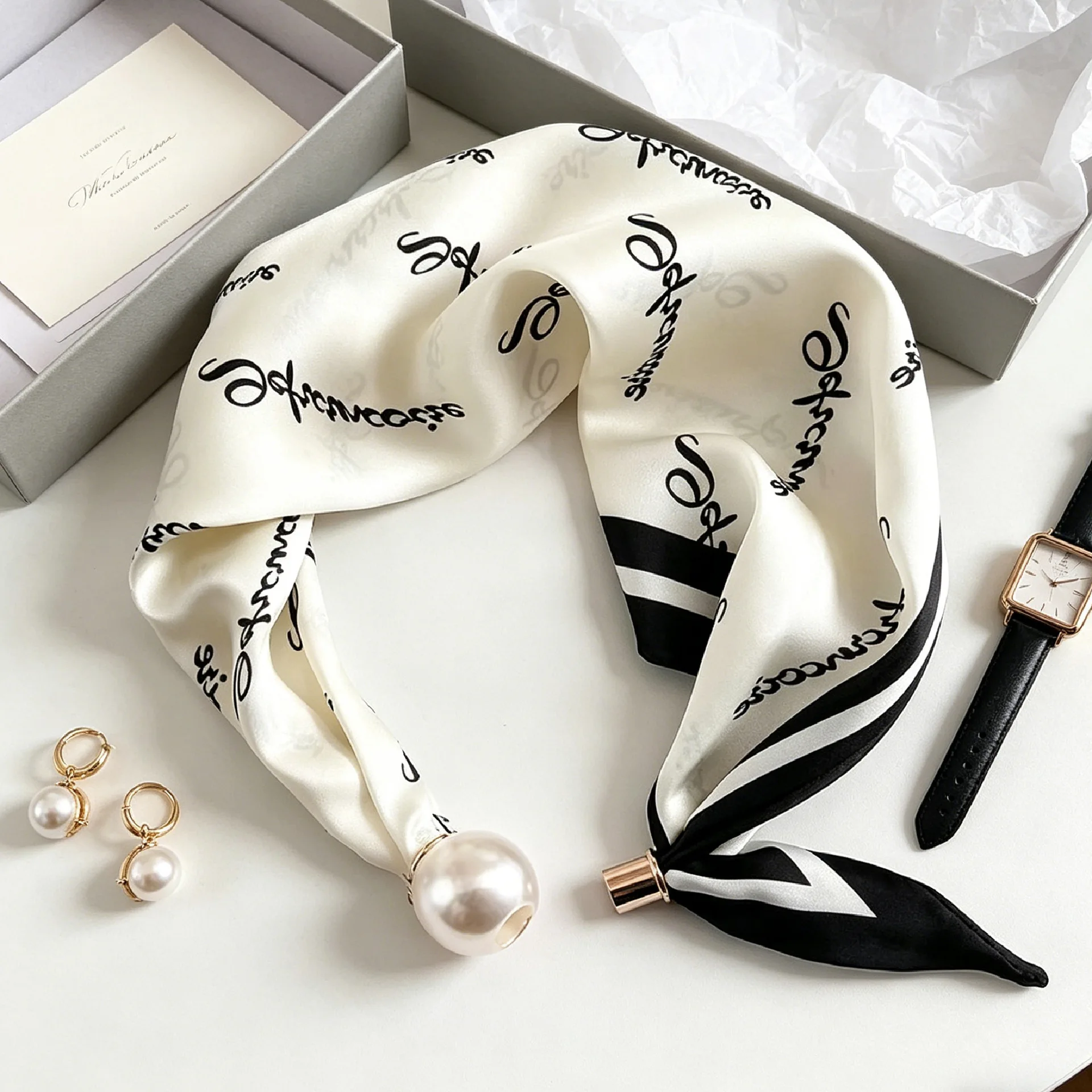 Luxuriöser dünner Sommer-Seidenschal für Damen mit Perlen, magnetischer Schnalle, eleganter Halstuch für Mädchen mit süßem Anhänger und Schlüsselbeinkette – Detail 9