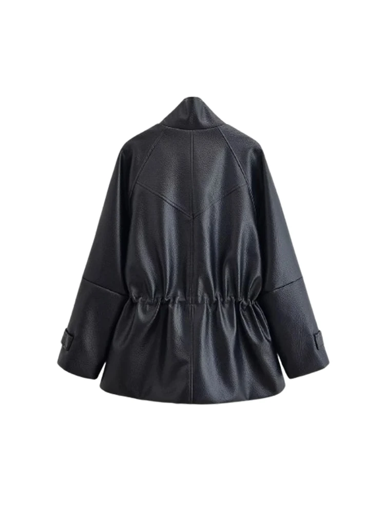 المرأة الشارع الأسود جلد المرأة سترة الوقوف طوق سحاب أكمام طويلة الخصر جيوب مغلقة معطف الإناث سيدة الموضة أبلى #2