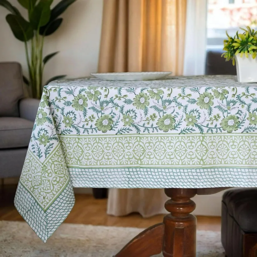 

Sage Green and White Indian 60x90 Inches Hand Block Printed Floral Tablecloth, Wedding Home Party Event Restaurant Patio Outdoor