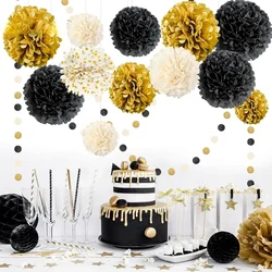 Black Gold Beige Party Decorations 15Pcs Paper Pom Poms with Circle Garlands Hanging for New Year Party Graduation Party Decor