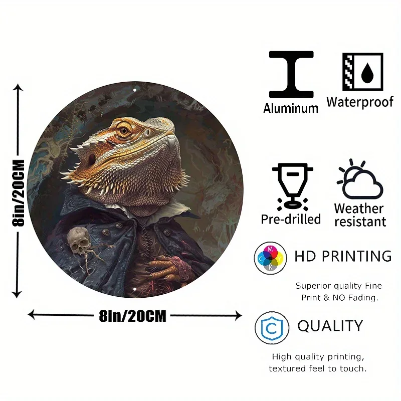 Bearded Dragon Lizar Circular Metal Sign, Decorative Wall Art, HD Print for Pet Lovers, Pre-Drilled,Unique Hippie Dorm Decor