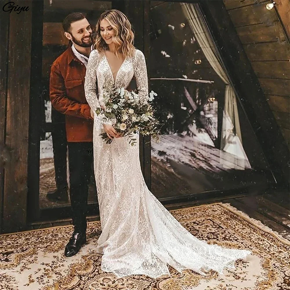 Giyu Customized Long Sleeves Floral Lace V Neck Boho Wedding Dress Deep V Neck Open Back Modest Rustic Civil Bridal Gown 2026