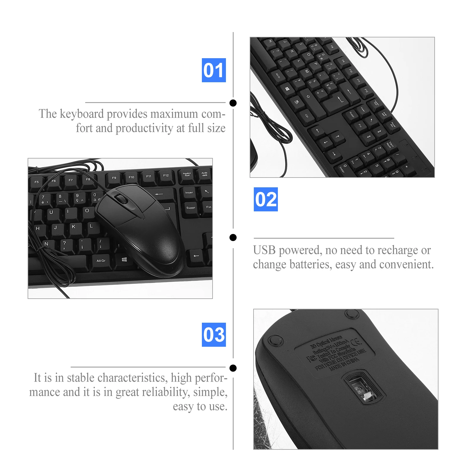 

1 set 1 Set French Mouse Usb Wired Full Size Computer Keyboard With Number Pad Quiet Desktop Keyboard For Pc Computer Accessory