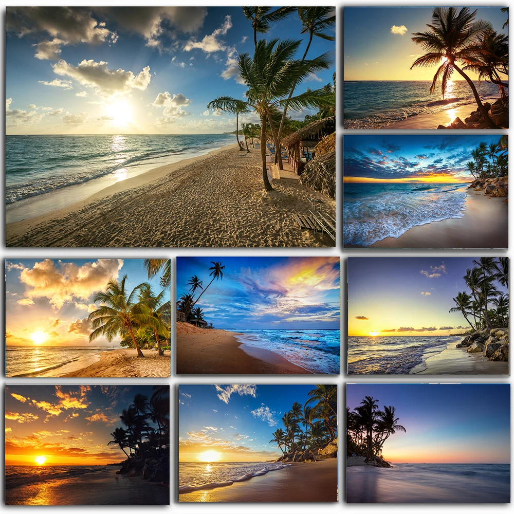 Beach Sunset Clouds Coco Nut Tree Canvas Painting Posters and Prints Sunrise Seascape Image Home Living Room Bedroom Decorati