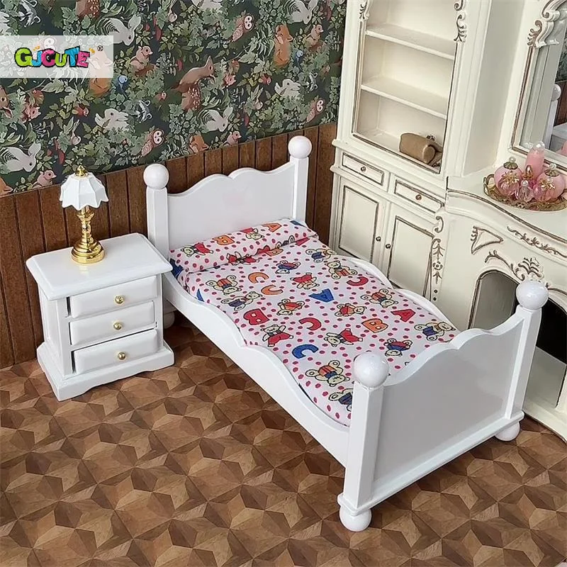 1:12 인형집 미니어처 나무 싱글 침대 협탁 세트 모델 인형집 침실 장면 장식품 역할 놀이 장난감 DIY