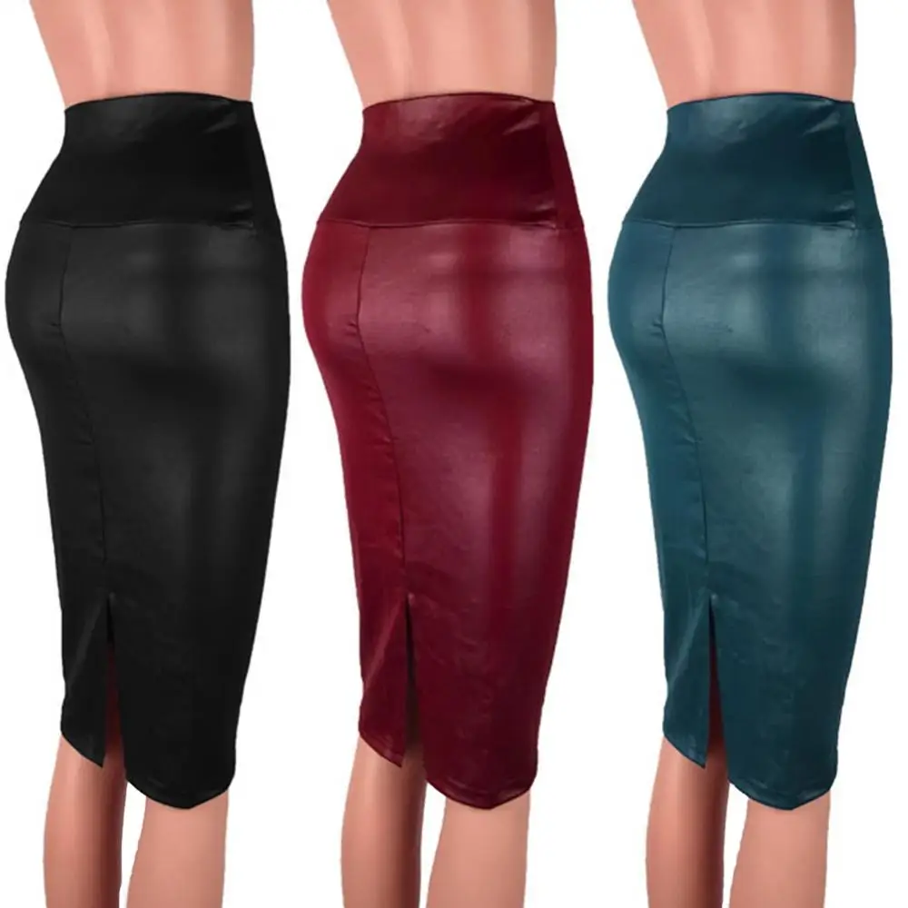 Moda elegante cintura alta divisão saia de couro falso feminino na altura do joelho bodycon saia lápis