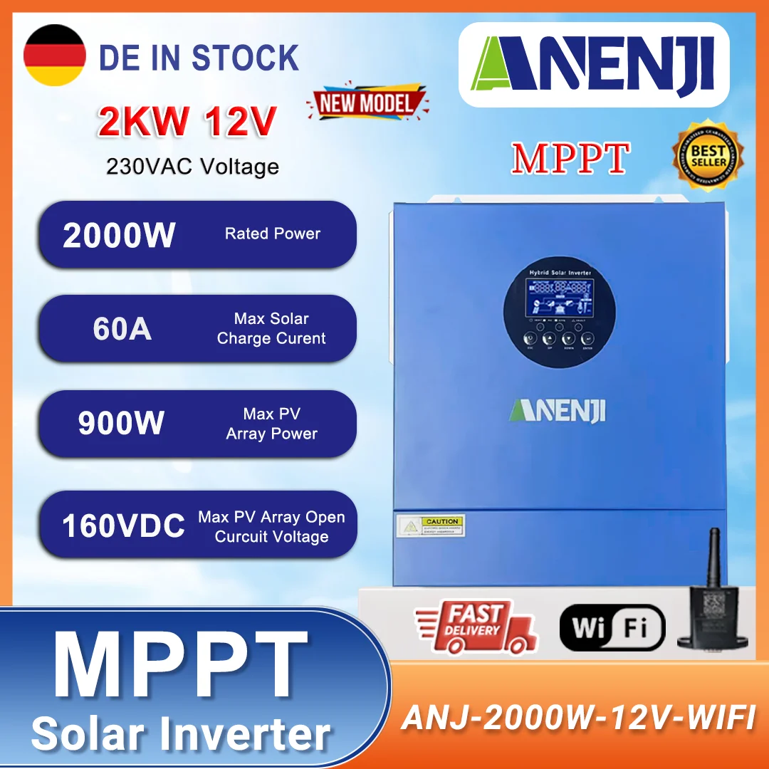 2KW 12V Hybrid Solar Inverter 230VAC Off-Grid Pure Sine Wave MPPT 60A Photovoltaic Inversor PV 30-160VDC Solar Charge Controller