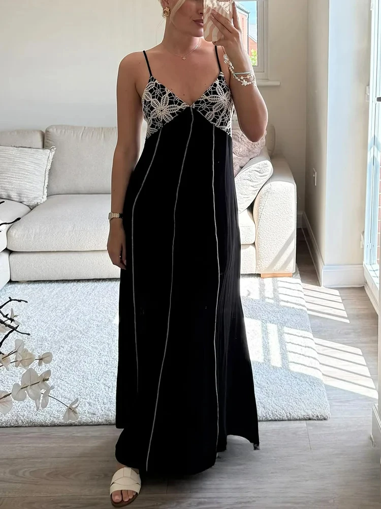 เดรสสายเดี่ยวผู้หญิง KONDALA สไตล์เซ็กซี่ลำลองเก๋ไก๋ แต่งลูกไม้ปักลาย คอวี แขนยาว แฟชั่นใหม่ ฤดูร้อน 2025 เหมาะสำหรับใส่ไปเที่ยวทะเล