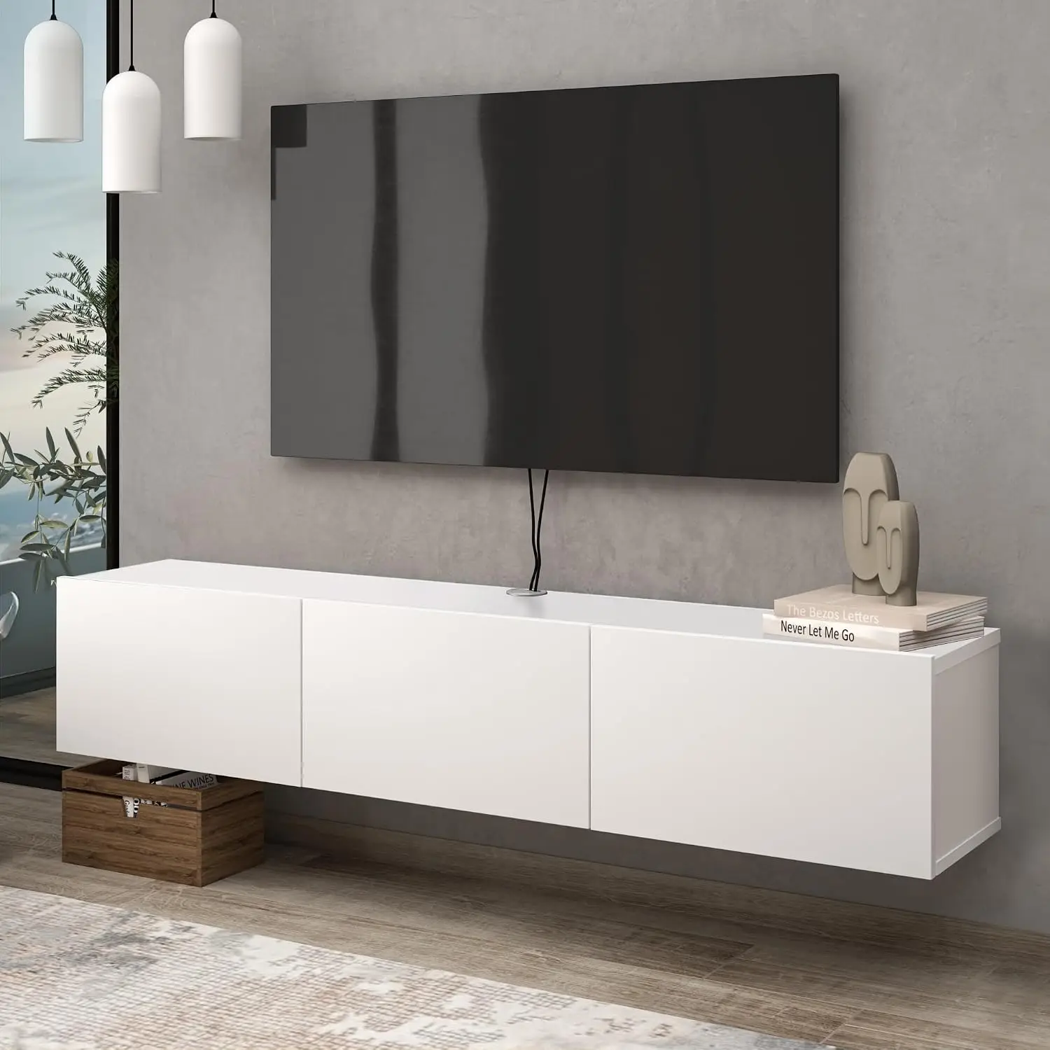 White Floating TV Console Wall Mounted TV Stand For Up To 75 Inch TV Entertainment Center With Shelf, Customized