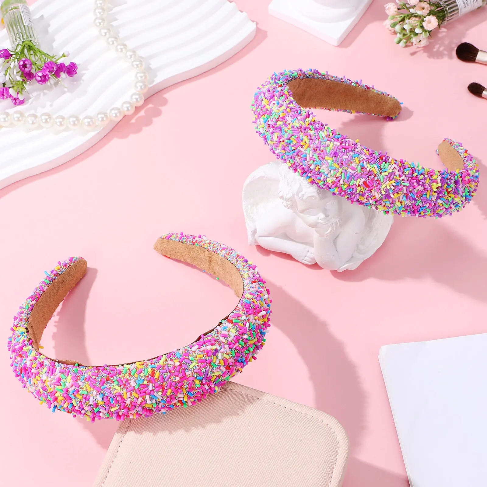 

2Pcs Cute Chunky Padded Headband for Women Teen Girls Wide Sparkly Sprinkle Candy Glitter Hairband Holiday Birthday Party Hair