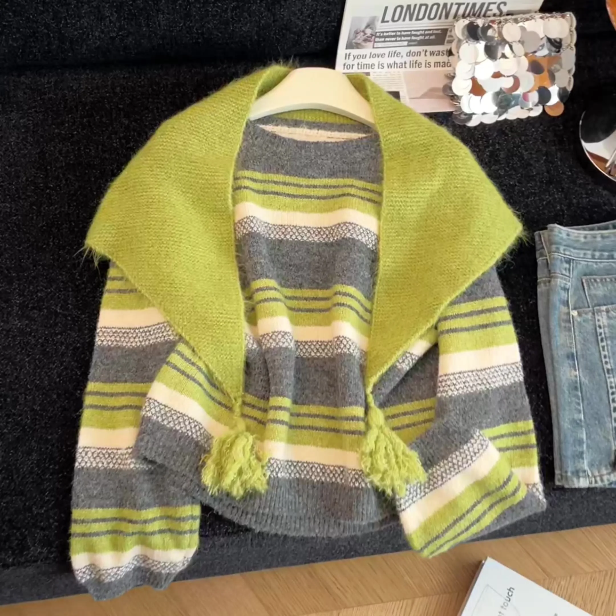 Women Green Striped Knit Pullover Shawl Sweater 2000s Vintage Long Sleeves Cozy Cashmere Sweater For Women Clothes Spring Autumn