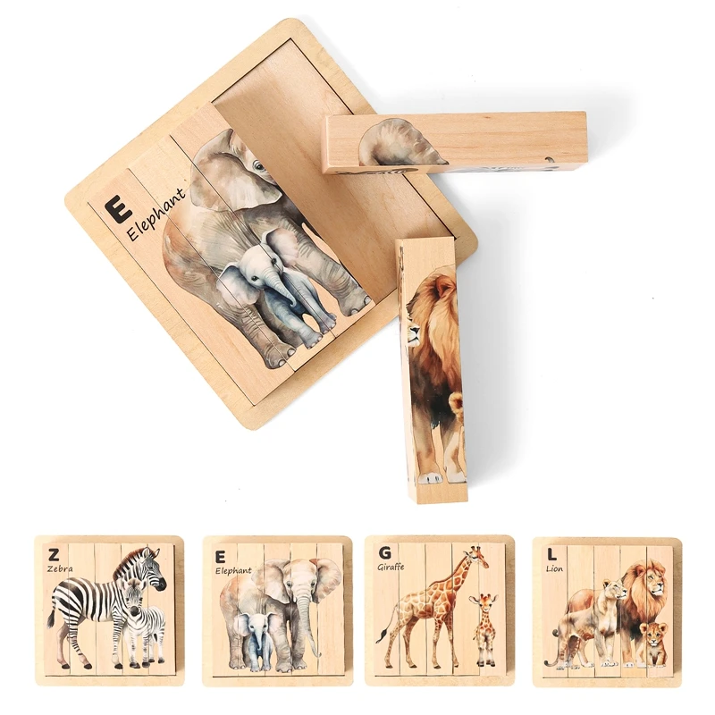 Montessori Baby Double-sided Strip Wooden Puzzle Toys Kids Educational Game 3D Cartoon Animal Jigsaw Puzzle Activity Board Toys