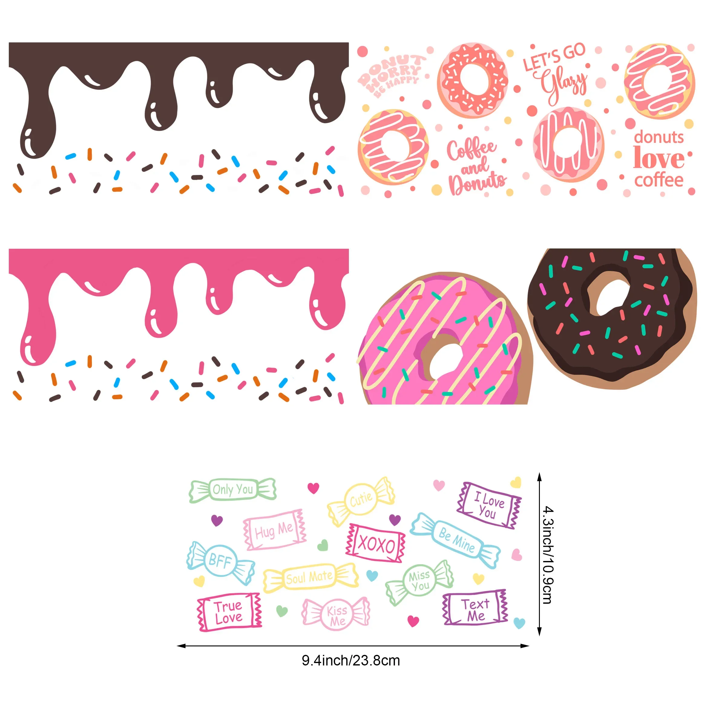 5 أوراق من ملصقات كأس Donut UV DTF، ملصقات نقل DTF للحركة الزجاجية، ورق نقل مقاوم للماء للزجاج 16 أونصة، كوب،