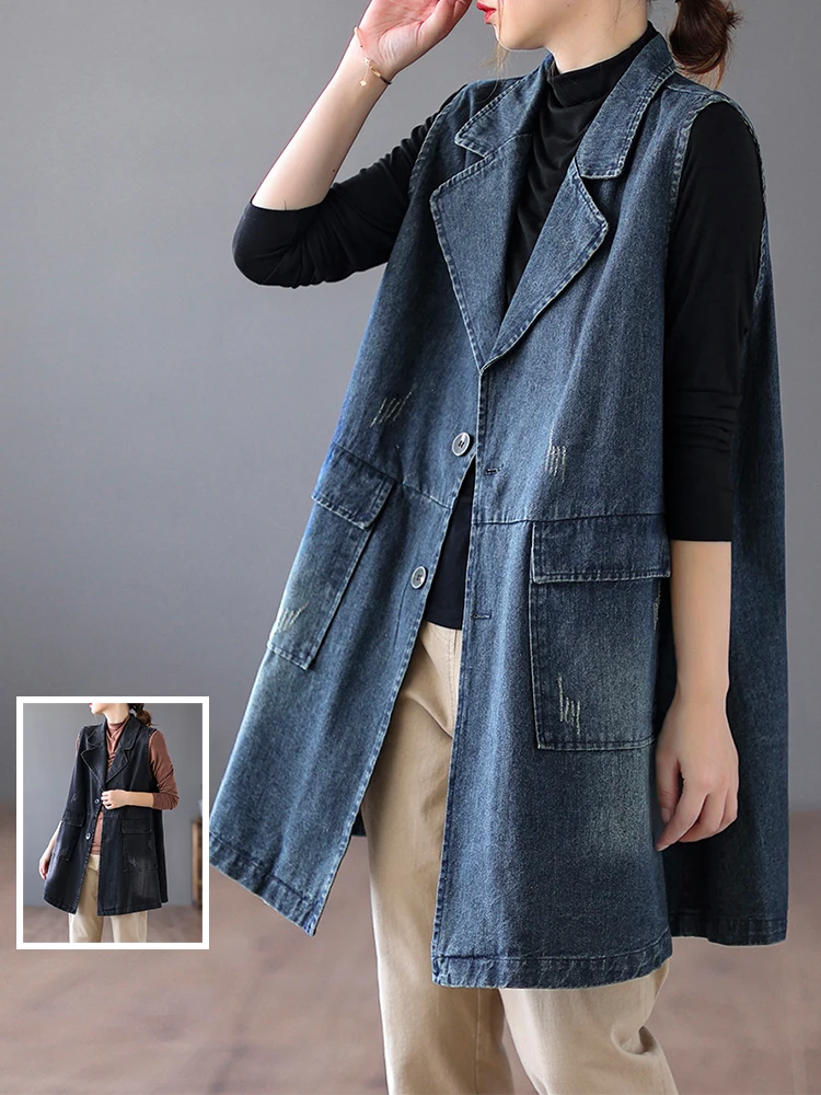 

Джинсовый жилет в стиле ретро, тэт, весна-осень, большой размер, женский универсальный кардиган средней длины с царапинами и воротником-стойкой