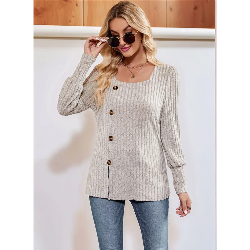 FX-Womens Fall Tops Soft Square Neck Long Lantern Sleeve Deco Buttons Side Slit Sweater Tunic Shirt