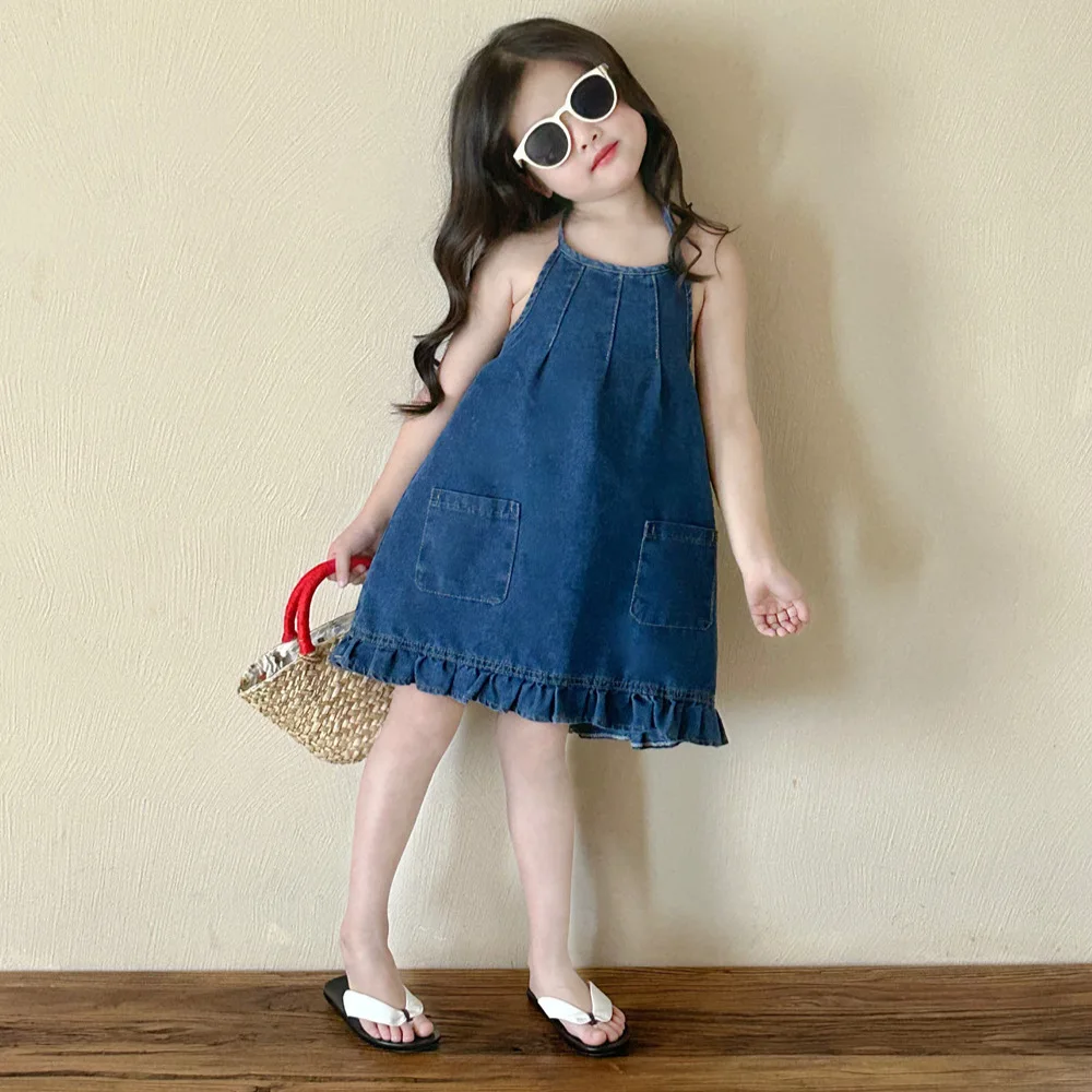 Baby Girls Skirt 2024 Summer New Girls Western Style Strapless Denim Dress Children Korean Version Skirt Baby Fashion Slip Dress