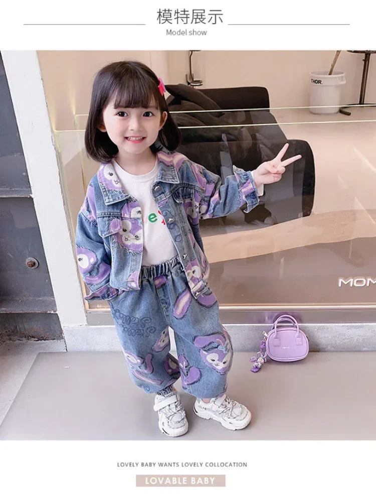 90-140cm Girls Printed Denim Suit Autumn Baby Jacket  Pant 2024 Spring New Cartoon Jeans Baby Girl Baby Two-piece Clothing Set