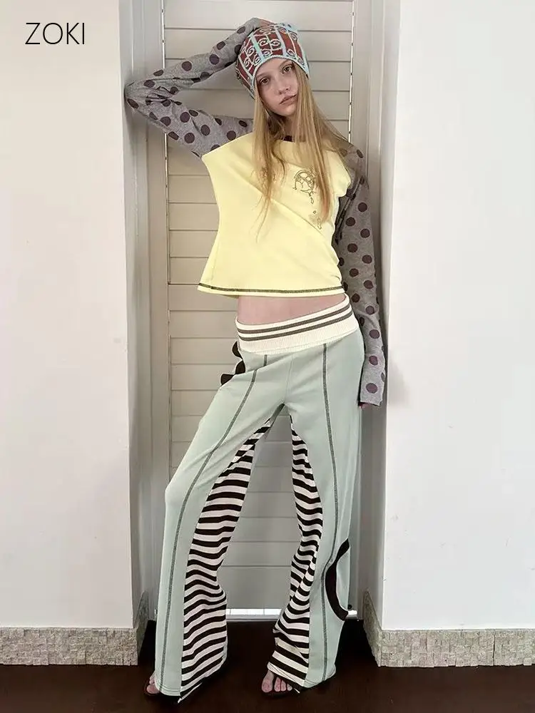Japanese Y2K Vintage Polka Dot Long Sleeve T Shirt Harajuku 2000S Style Kawaii Patchwork Tops with Eye Rhinestone Casual Tees