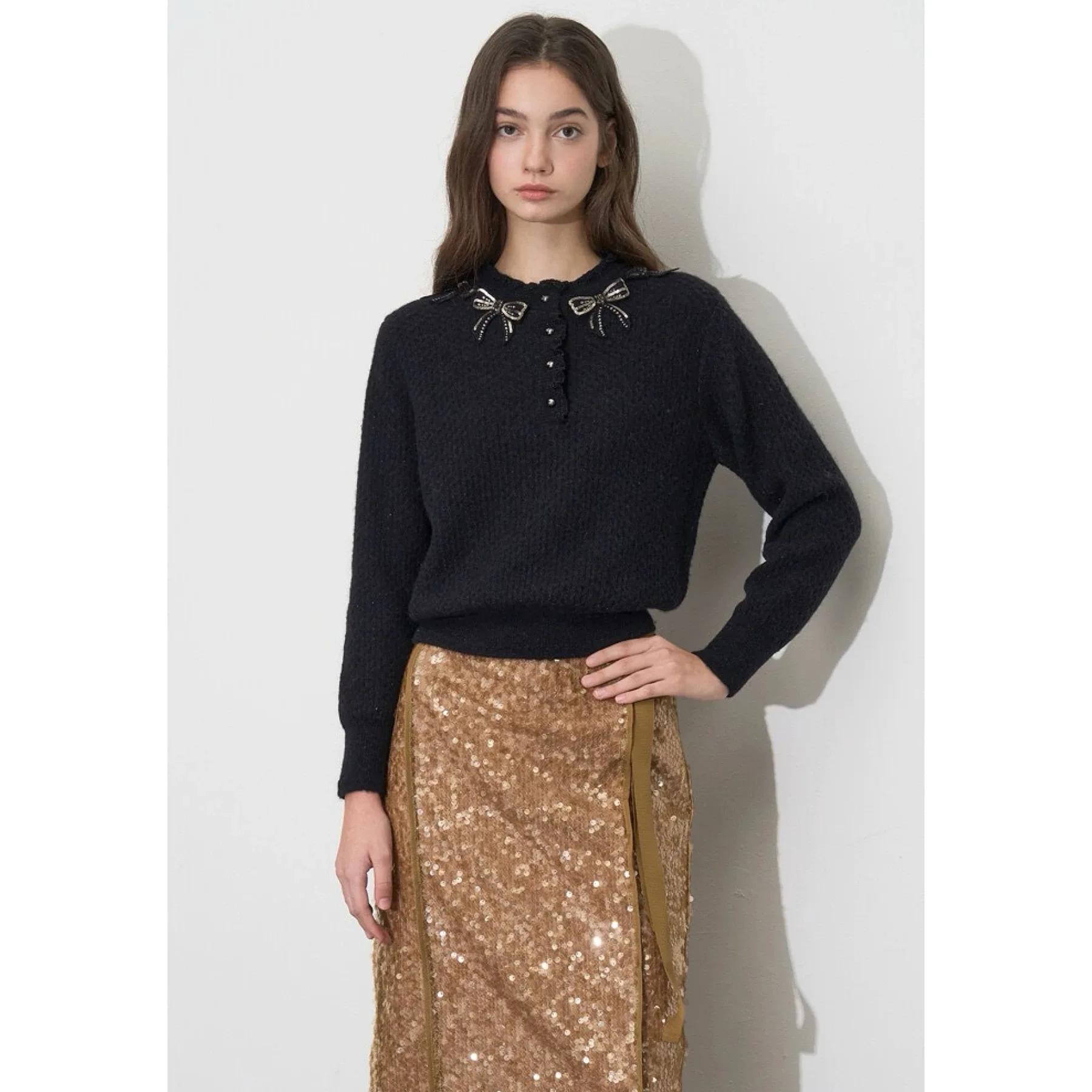 

Lemon Cheese Knitted Wool Sweater round Ne Decorative Knot iny Sequins Women's Loose Fit Long Sve Winter Fas...