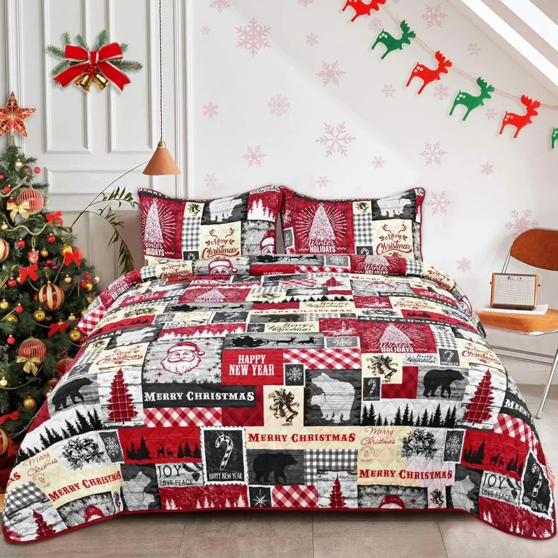 

Christmas 3 Pieces Buffalo Plaid Quilt Sets with 2 Pillow Shams, Tree Beding Set Reversible Lodge Bear Quilts