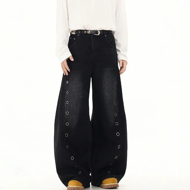 

Spring Autumn Korean Version High Street Retro Design Button Down Men'S Curved Jeans Loose Straight Leg Casual Men'S Pants A