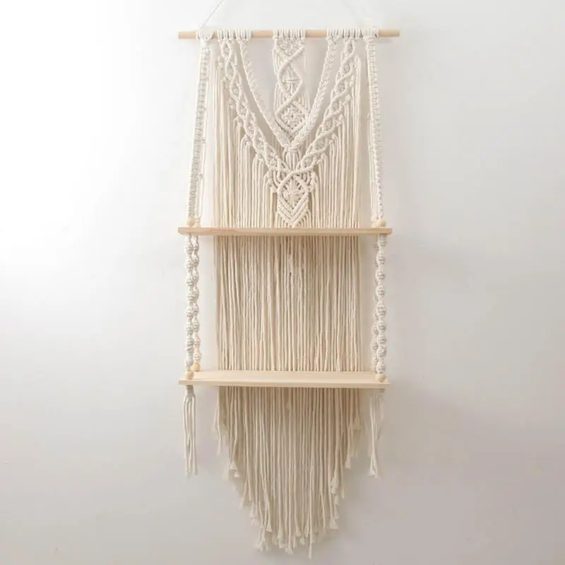 Boho Style Macrame Rope Woven Wood Shelf Tapestry Tassel Wall Floating Hanging Art Organizer Hanger Home Decor Handmade