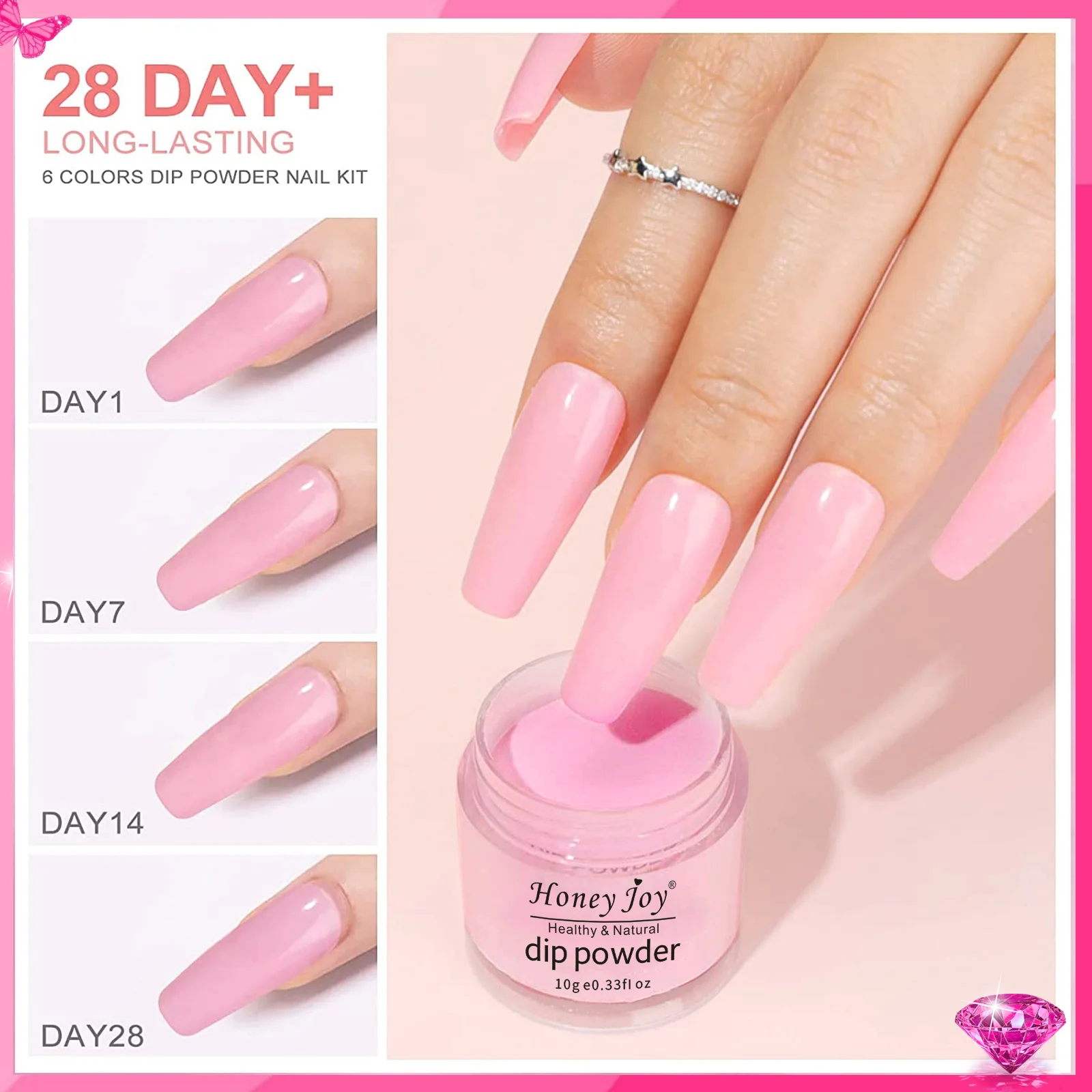 Dip Poeder Nagelkit Starter 4 Kleuren Felroze Glitter Fijn Dip Poeder Set met 3 STUKS Vloeistof voor Nail Art Manicure Salon DIY Cadeau