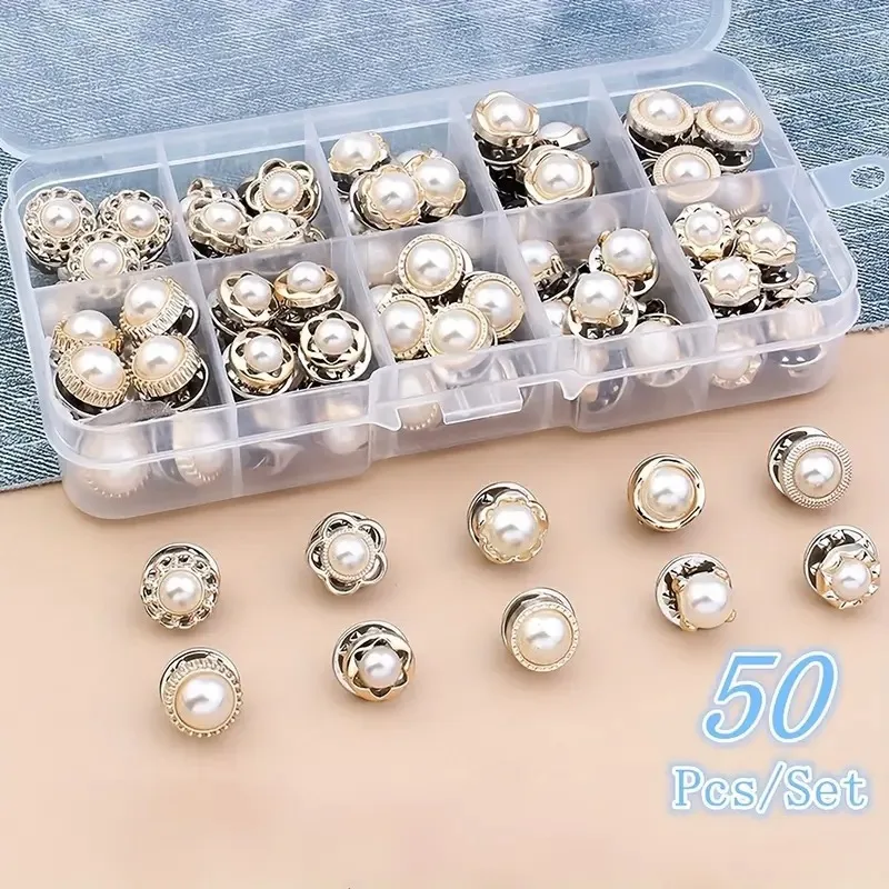 

50PCS Round Assorted Pearl Buttons Vintage Clothes Sewing Button with Storage Box Resin White Pearl Button for Crafts DIY Projec