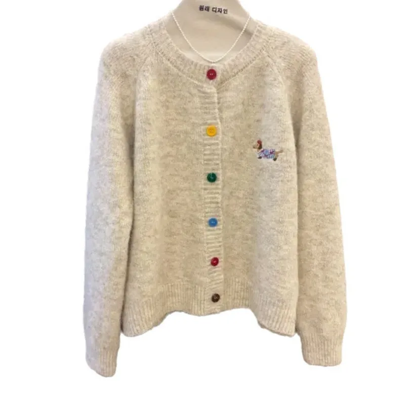 Women\'s Clothing New 2024 Autumn Cartoon Embroidery Colorful Buttons Knitted Cardigan Jacket Ageing Hundred Sweater Top