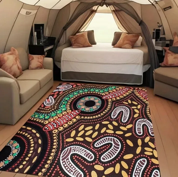 Aboriginal Art Design Non-Waterproof Polyester Tent Footprint Decorative Floor Mat for Patio Camping Living Room and Bedroom