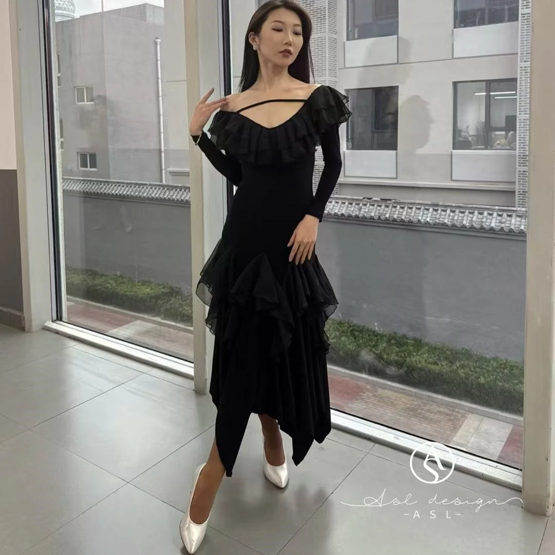 Abito da ballo da sala irregolare nero Abito da donna a maniche lunghe Abbigliamento da pratica Valzer Tango Abiti da ballo Abito da competizione BL14300