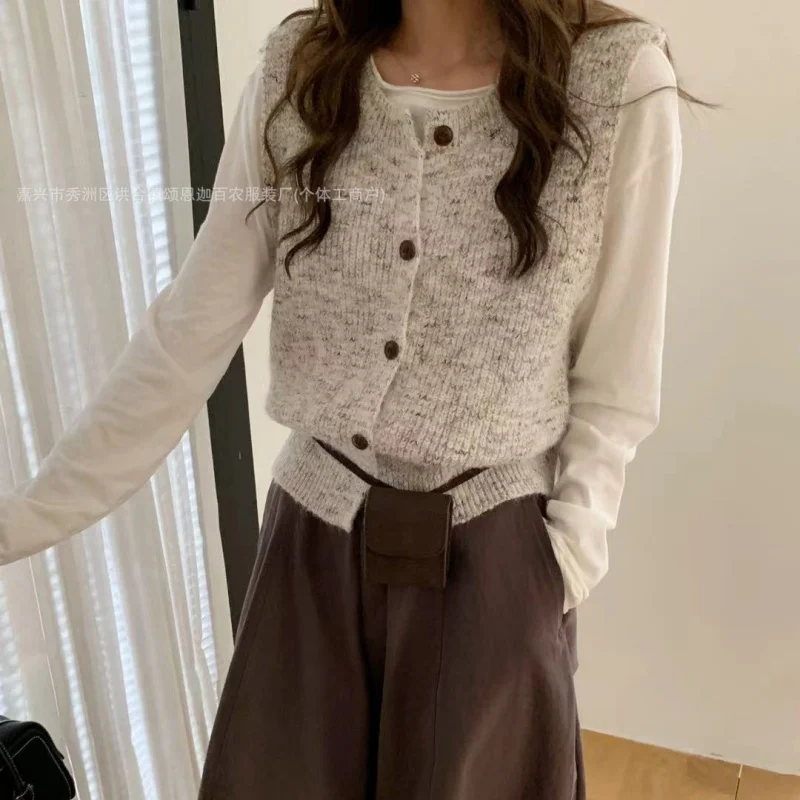 

Сплошной цветной топ в стиле ретро во французском стиле, верхняя одежда, вязаный жилет, кардиган без рукавов, модный повседневный женский свитер