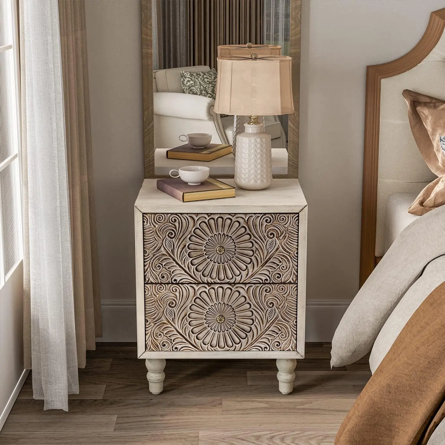 منضدة، طاولة نهاية MDF مقاس 14 بوصة عمق × 18 بوصة عرض × 21.5 بوصة مع درجين، طاولة بجانب السرير خشبية على الطراز العتيق، ملحقات غرفة النوم للمنزل